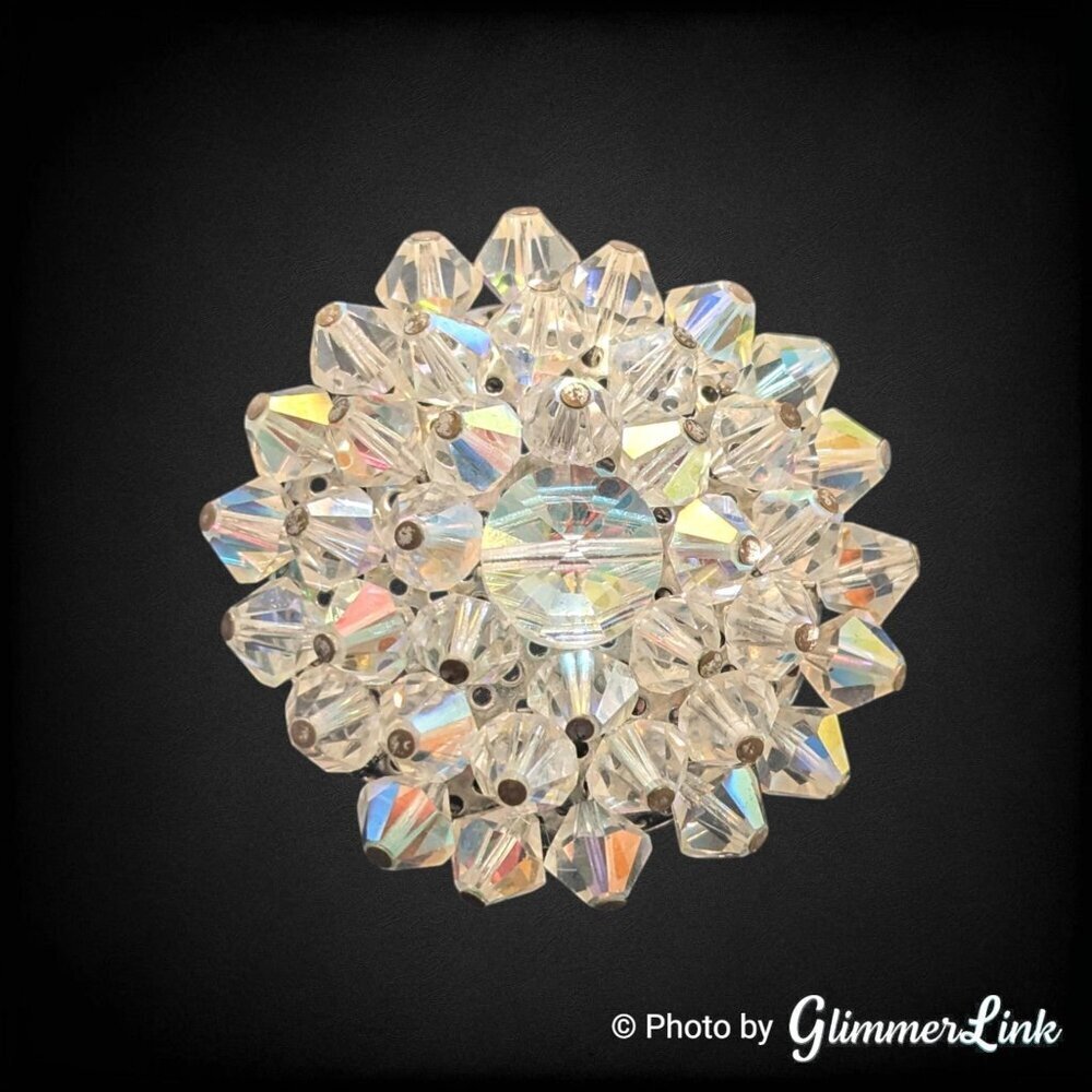 Vintage Aurora Borealis Crystal Cluster Brooch Silver Tone Round Faceted